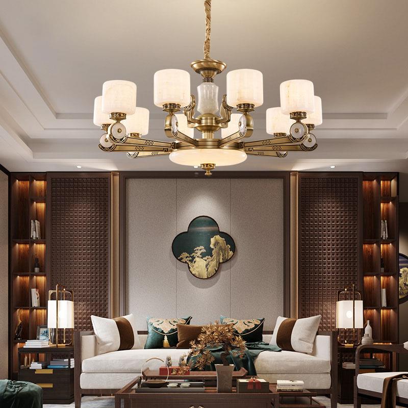新中式吊灯全铜云石灯客厅餐厅卧室别墅复式楼中式玉石大吊灯
