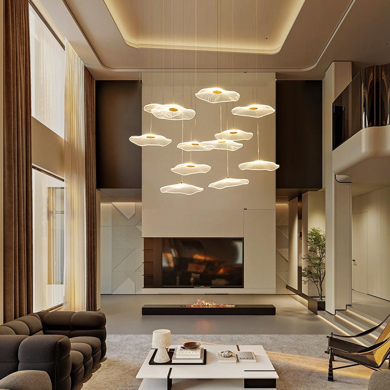 小复式楼客厅大吊灯荷叶loft公寓跃层挑高中空别墅楼梯长吊灯创意