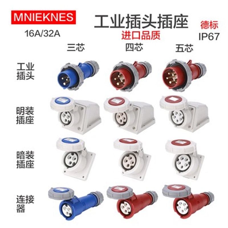 国曼户外工业插座插头明装暗装连接器16A/32A IP67等级航空公母插