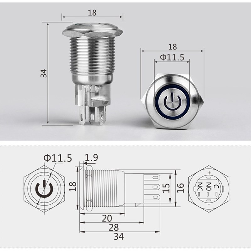 16mm黑壳 按钮 自锁/复位 天使眼 防水开关 LED灯天使眼环形 镀黑