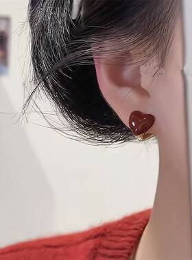 秋冬高级感红色爱心双面锆石耳扣气质轻奢小众设计感百搭耳环耳饰