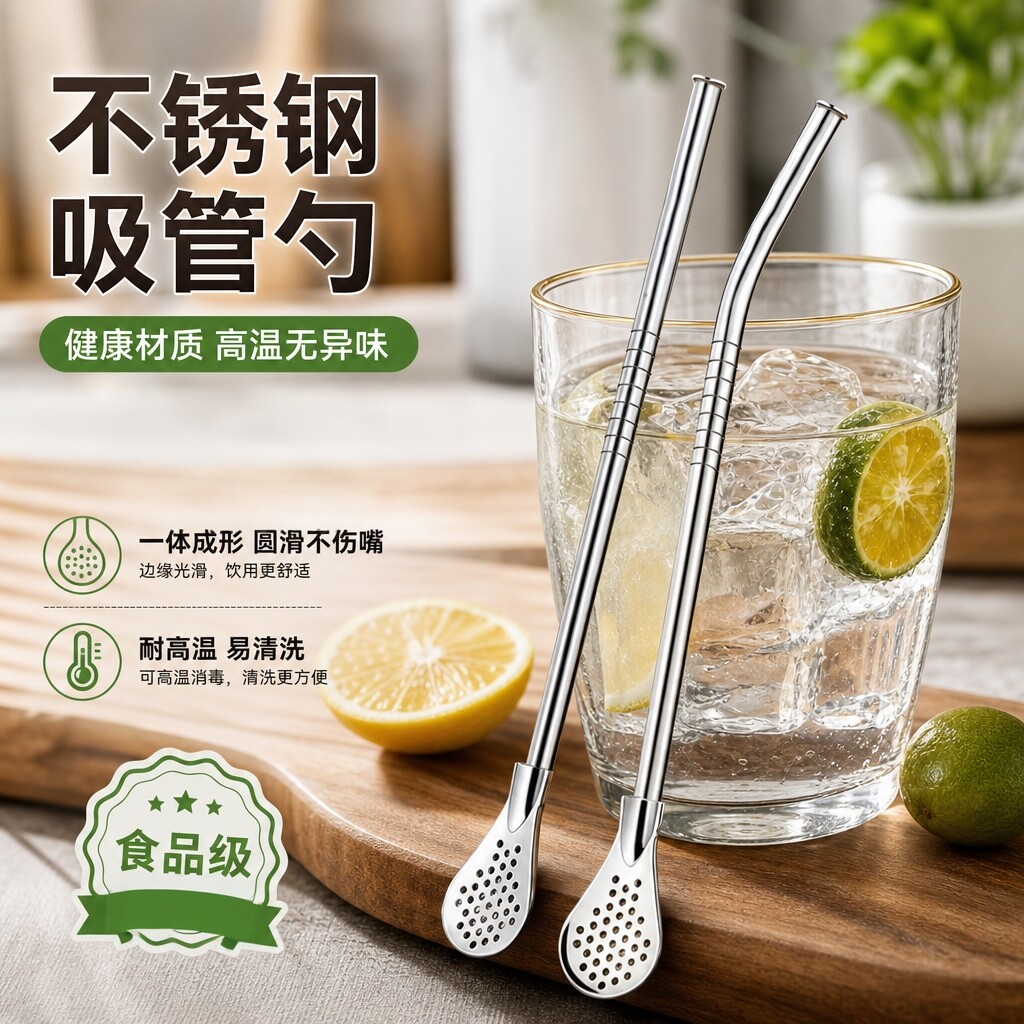不锈钢吸管勺子一体两用食品级西瓜果汁奶茶过滤吸管勺管一体
