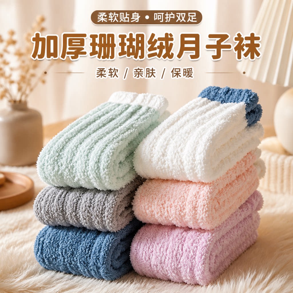 珊瑚绒月子袜子女产后秋冬季加绒