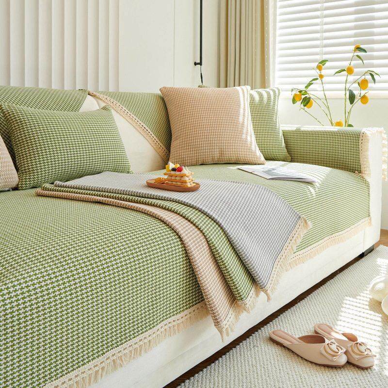 老粗布沙发垫子四季通用加厚全包绿色套罩防滑棉线编织盖布靠背巾