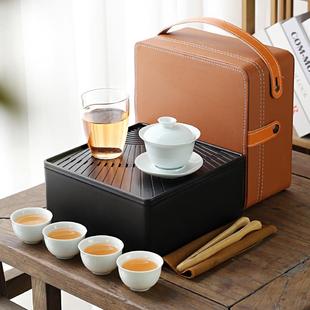 新款 可商务送礼家用加印logo 复古旅行茶具盖碗套装 玻璃茶海四杯装