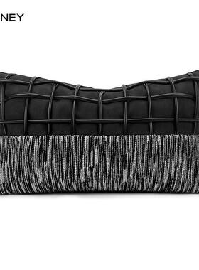 腰枕沙发长方形抱枕高级客厅靠垫黑灰色编织绳拼接酒店样板间靠枕