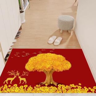 红色喜庆地垫金色金钱树入口大门家地毯现代中国风入口大厅脚垫可