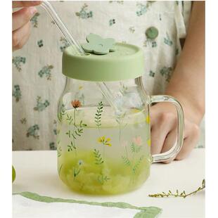 玻璃水杯茶杯带盖子耐高温杯子吸管杯大容量家用女生带把手玻璃杯