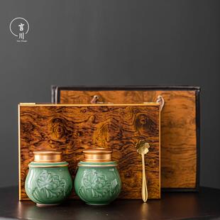 言川茶叶包装礼盒空盒高档木盒陶瓷茶叶罐青瓷小号龙井茶白毫银针