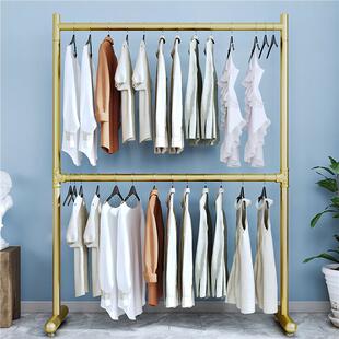 双杆式晾衣架落地家用三层阳台卧室内晒衣挂衣架简易可升降衣帽架