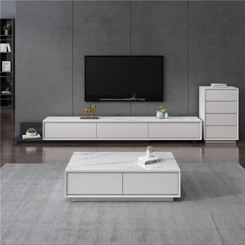 意式轻奢岩板电视柜茶几组合现代简约可伸缩小户型客厅实木落地柜