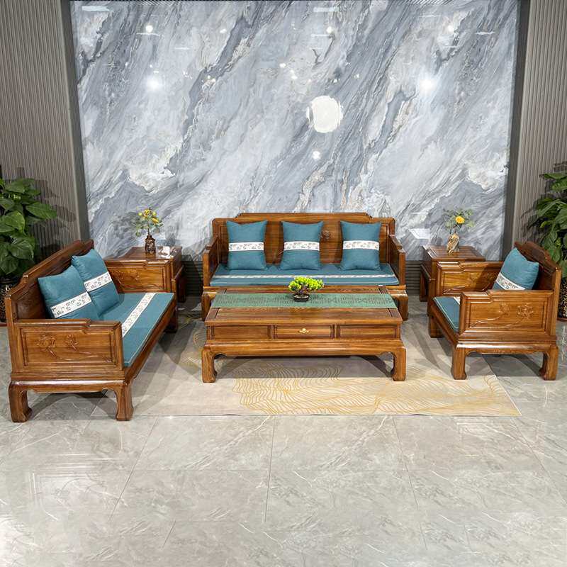 鲁班一木全实木老榆木沙发中古风家具客厅家具组合荷花雕刻沙发床