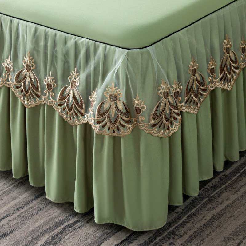 轻奢纯色原棉刺绣床裙单件 欧式芭莎风情蕾丝花边防滑保护罩