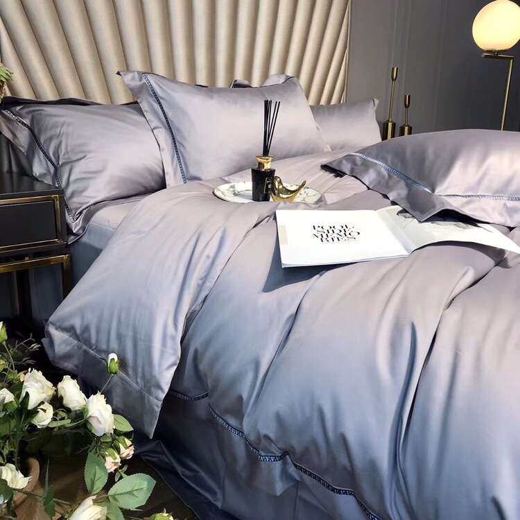 欧式高端纯棉四件套100支全棉提花刺绣被套床单纯色简约床上用品