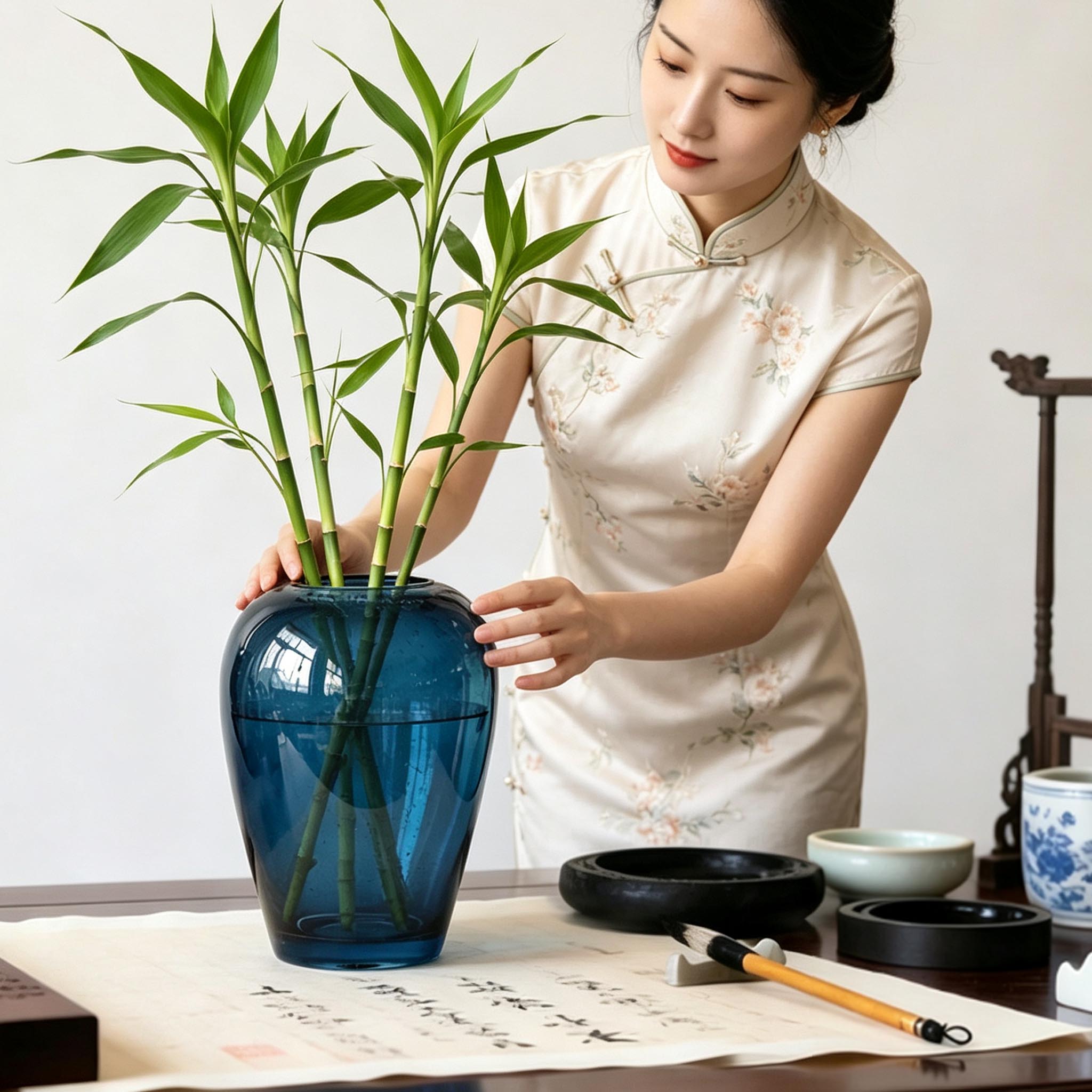 新中式蓝色玻璃花瓶高级感富贵竹轻奢圆形水培插花器家居装饰摆件
