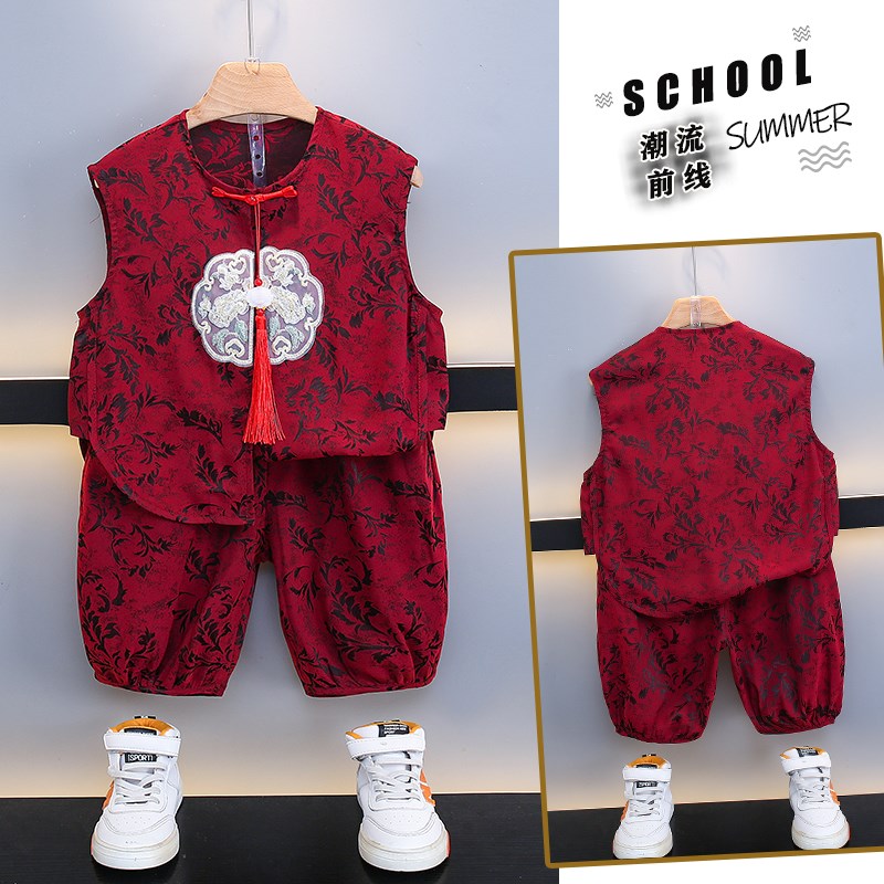 男童背心套装夏季汉服宝宝中式国风红色女童短袖男生周岁礼服衣服