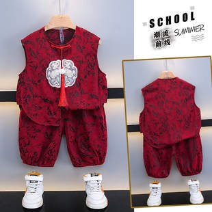 男童背心套装夏季汉服宝宝中式国风红色女童短袖男生周岁礼服衣服