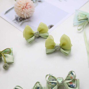只此青绿春夏款绿色古风对夹立体蝴蝶结儿童发夹汉服头饰飘带女孩