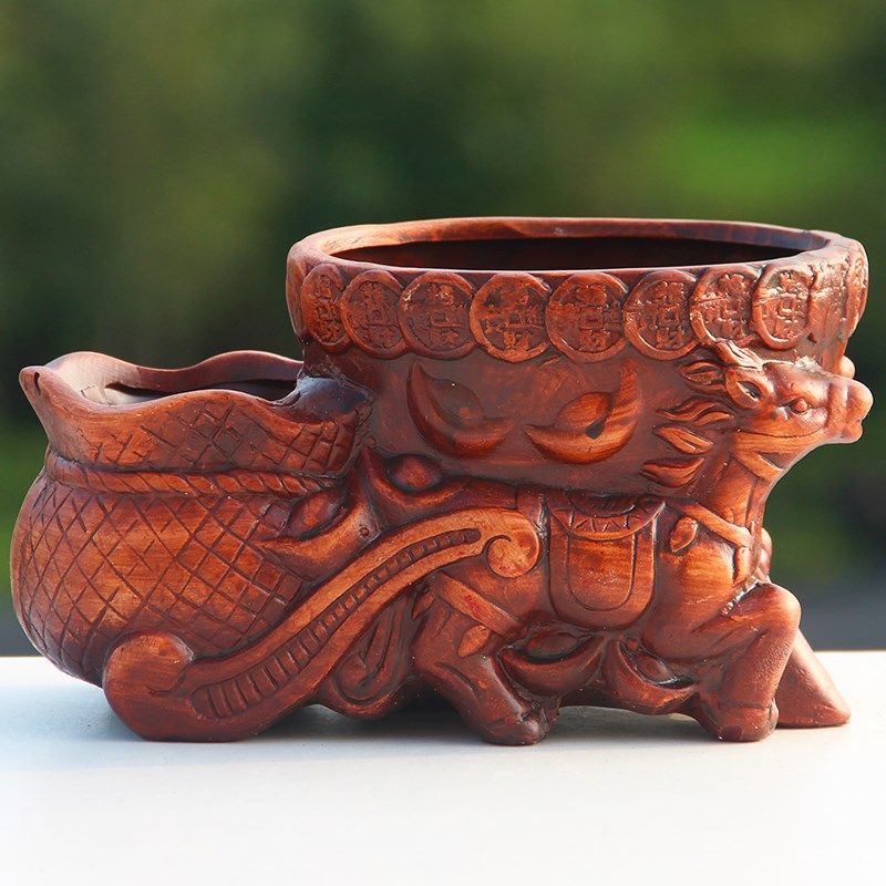 马上有钱陶瓷花盆发财树多肉组合个性创意复古红陶土双口连体花盆