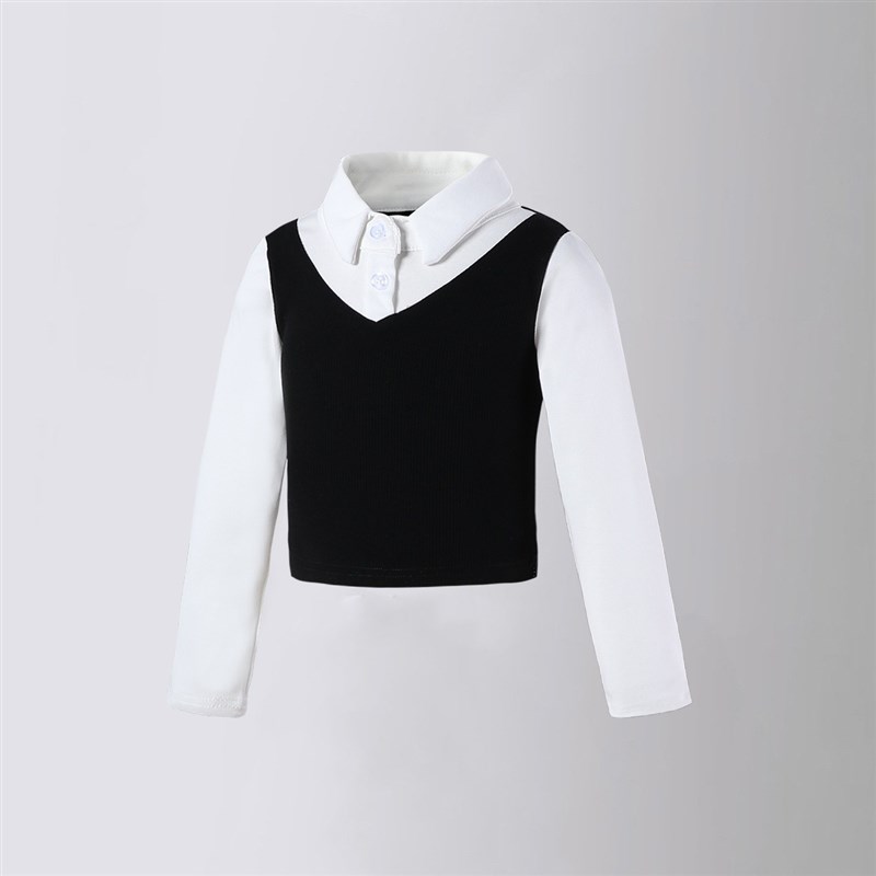 女童2024黑色牛仔裙半身裙秋季新款假两件针织衬衫短裙两件套装潮