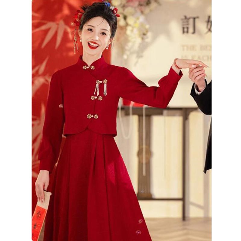 200斤大码中式旗袍敬酒服新娘回门连衣裙小个子订婚礼服秋冬便装
