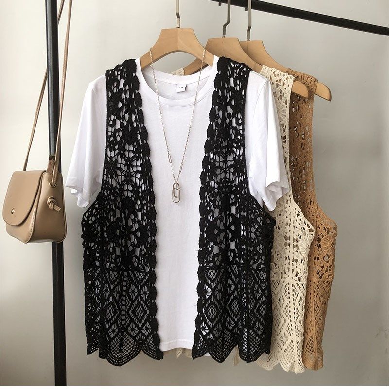 文艺范春夏季背心女镂空钩花蕾丝针织马甲开衫外套无袖花边坎披肩
