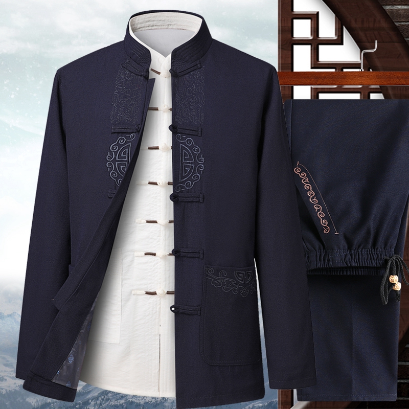 春秋季中老年人男士唐装中式外套爸爸休闲夹克套装爷爷装古风汉服