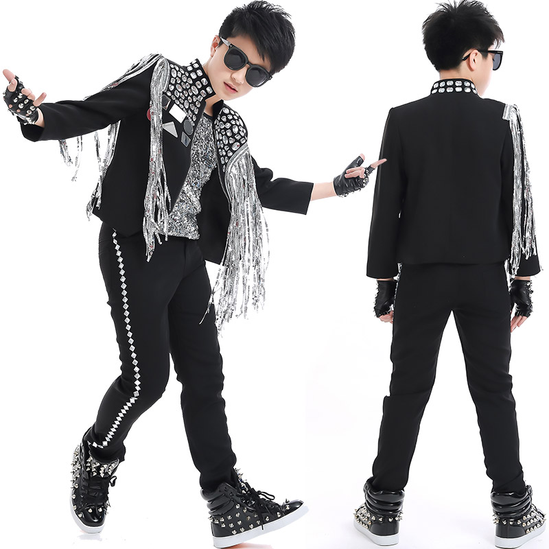 元旦模特走秀歌手主持人表演流苏亮片演出服装男童架子鼓舞台套装