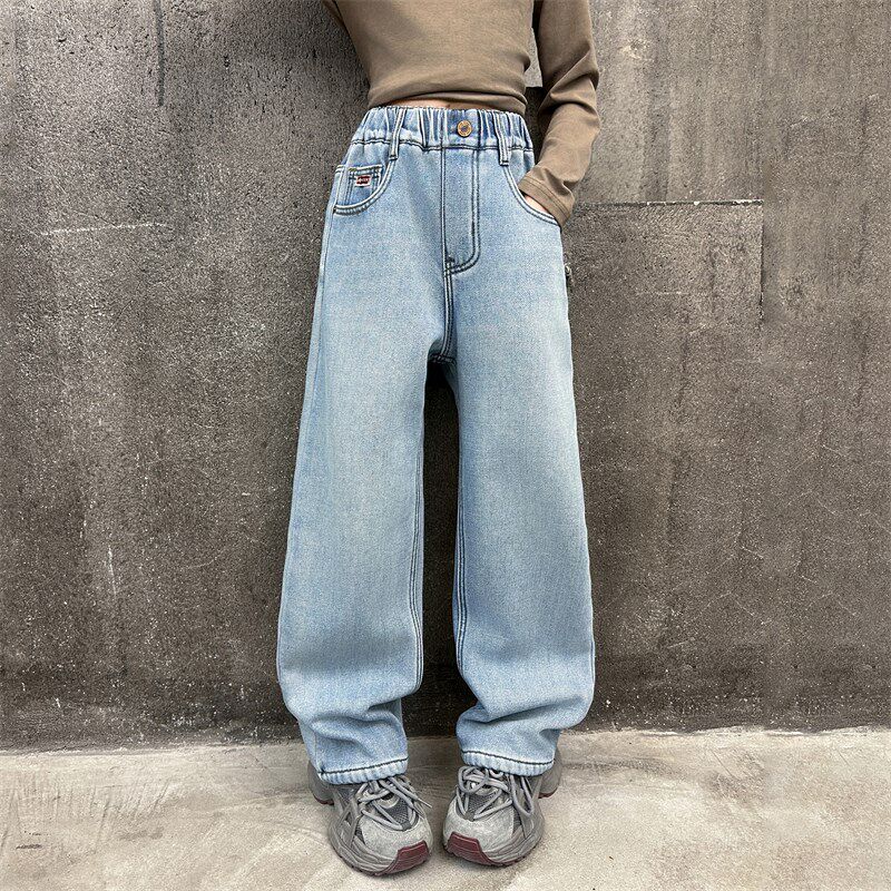 女童加绒牛仔裤秋冬装2025新款外穿儿童阔腿长裤春季女大童初中生