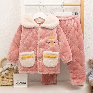 5夹棉儿童睡衣秋冬季小童宝宝加厚款珊瑚绒女童男女孩家居服1-2岁