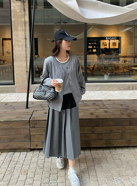 NAZ那子大码早春新款时尚法式学院风复古撞色胖mm百褶气质半身裙