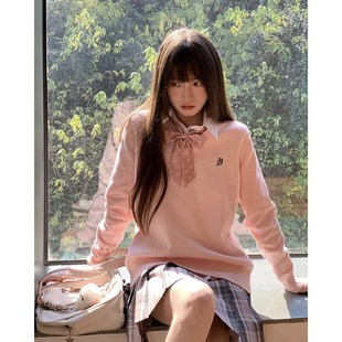 东京岁时记jk外套粉色针织V领套头毛衣女春秋宽松纯棉上衣灰野川