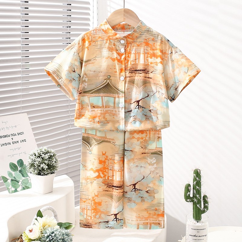 儿童立领短袖睡衣扩胸宽松男童棉绸薄款女童宝宝a类家居空调服夏