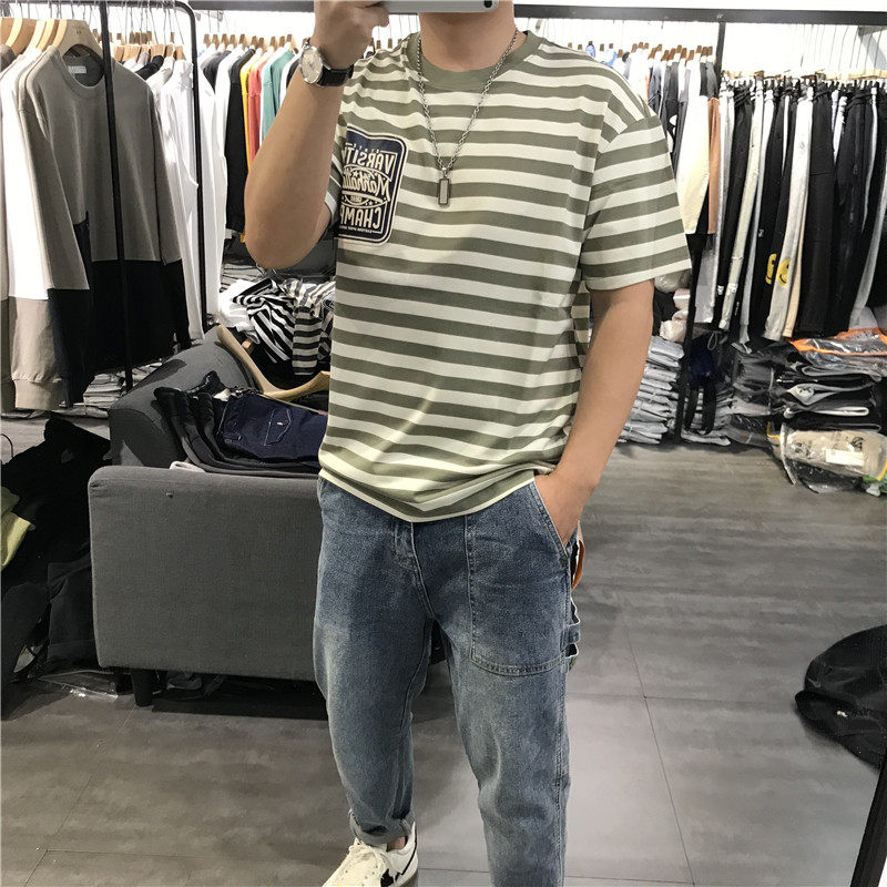 2021夏季新款男士条纹短袖T恤宽松个性弹力上衣清新文艺海军风潮