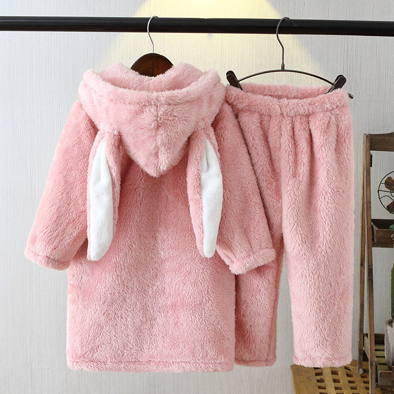 女童法兰绒睡衣中长款儿童家居服秋冬小女孩睡衣带帽珊瑚绒套装