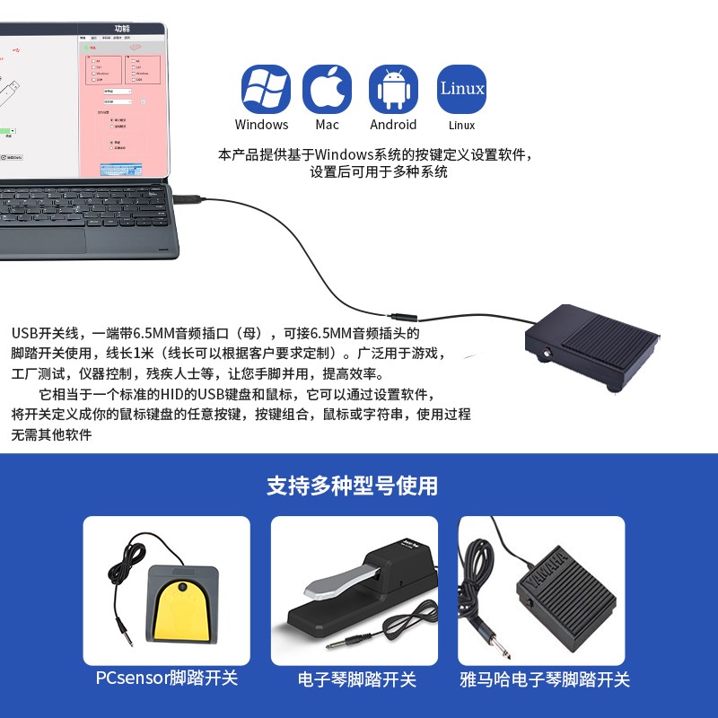 PCsensor 通用USB 自定义6.5音频母头转接口适用脚踏开关鼠标键盘