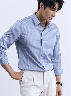 夏季新款丝滑休闲灰色条纹衬衫免烫抗皱扣领长袖丝滑衬衣男士商务