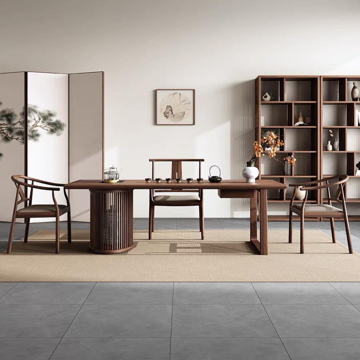 新中式黑胡桃木经典茶桌椅组合实木原木榆木办公现代简约茶台茶室