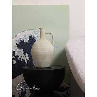 契阔家居侘寂风粉绿粗陶提耳花瓶客厅玄关陶瓷插花器艺术摆件装饰
