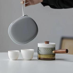 轻奢陶瓷旅行茶具套装 便携式 随身实木侧把茶壶出差简易防烫快客杯