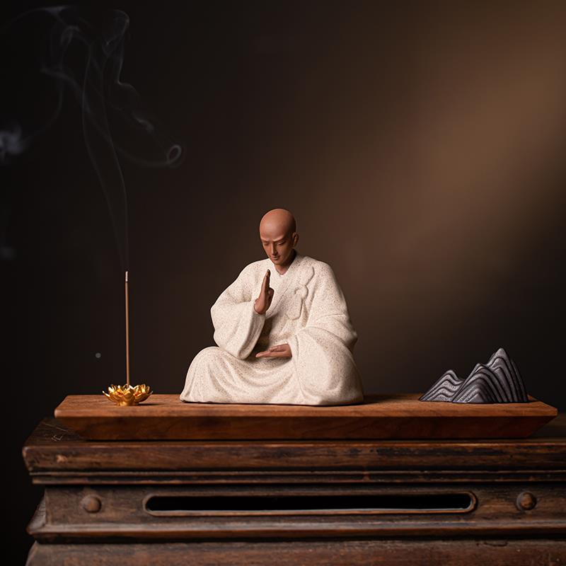 式紫砂小和中尚摆禅意家件佛系小沙弥办公室桌面居DMT-0346陶瓷装