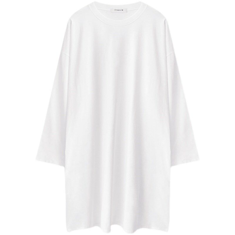 大圆领t恤女长袖2025春秋大码宽松中长款过膝韩版慵懒风打底