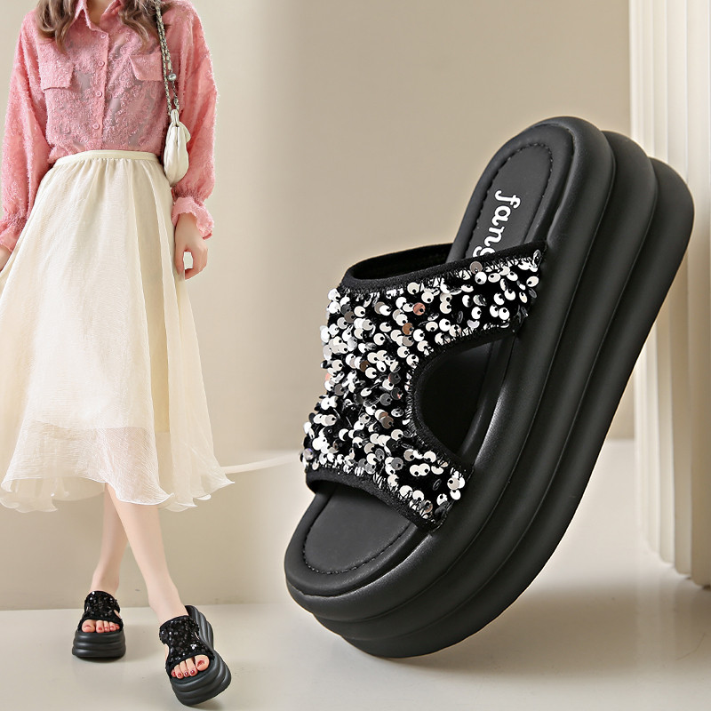 高级感亮片厚底拖鞋女夏外穿时尚增高跟凉鞋海边沙滩女士凉拖鞋子