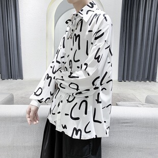 早秋ins网红帅气个性 衬衫 男宽松垂感很仙 衬衣 字母涂鸦印花长袖