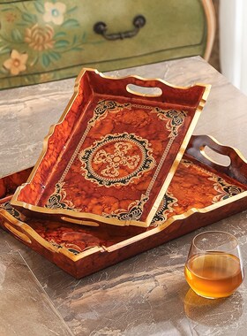 藏式托盘木质水果盘家用长方形收纳盘客厅茶盘水杯Y盘手把肉餐盘