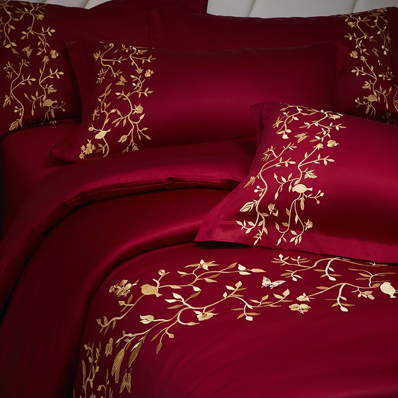 高端婚庆四件套100S长绒棉红色刺绣被套纯棉床单结婚礼物床上用品