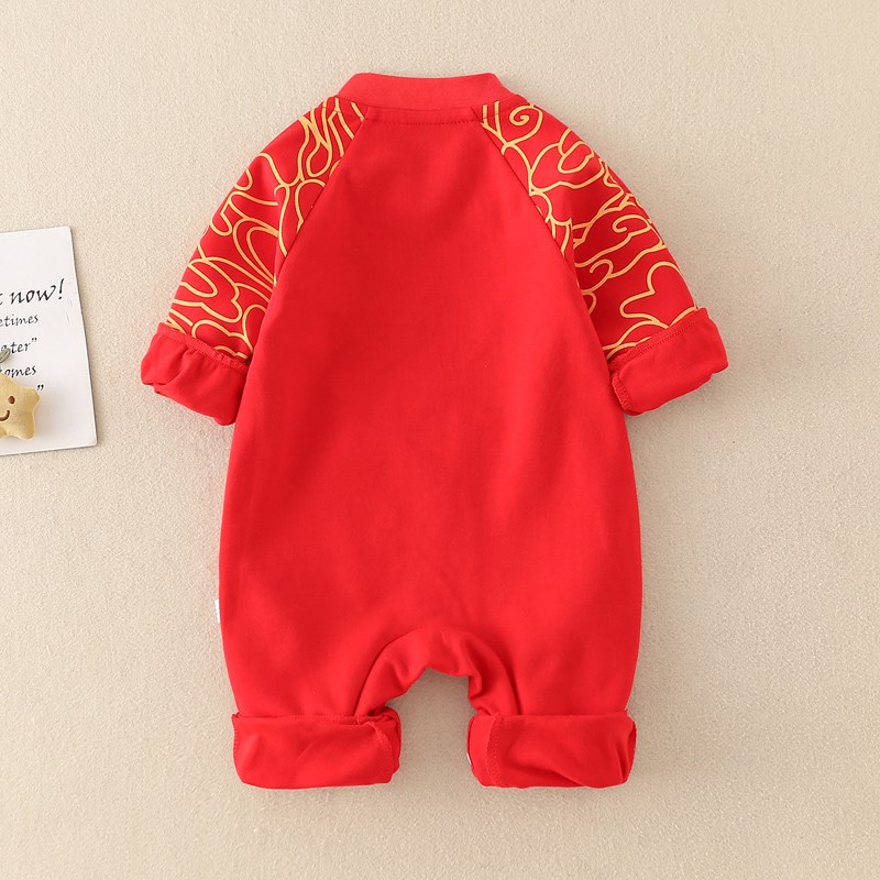 红色喜庆拜年服春秋款婴儿连体衣新生儿宝宝满月服秋款春装爬爬服
