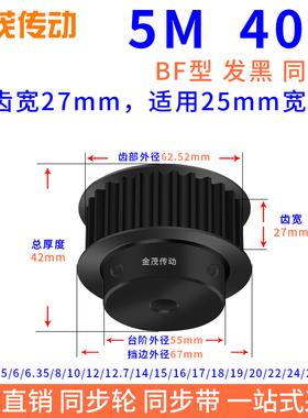 同步带轮5M40齿钢黑BF槽宽27内孔8 10 12 14 22 24 25同步轮45#5M