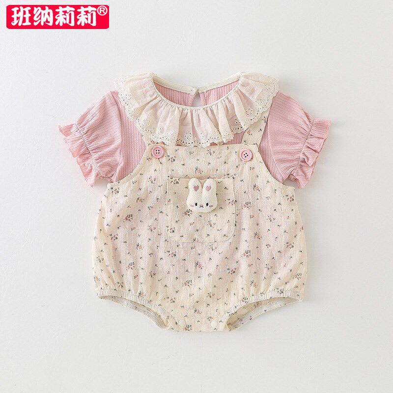 婴儿夏季薄款套装新生女宝宝夏天包屁衣背带裤T恤洋气分体两件套1