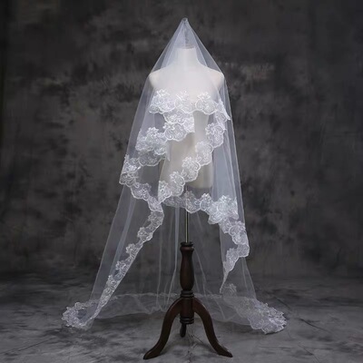 经典款结婚头纱新j娘单层蕾丝花边头纱1.51.2米学习练手头纱成